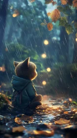 Rain-soaked forest vignette with contemplative cat traveler.