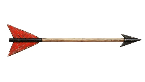 Weathered red-fletched wooden arrow with black steel head.