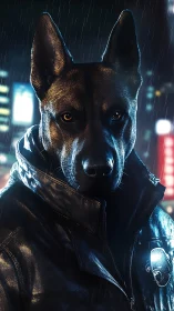Police dog in leather jacket under neon city rain at night.