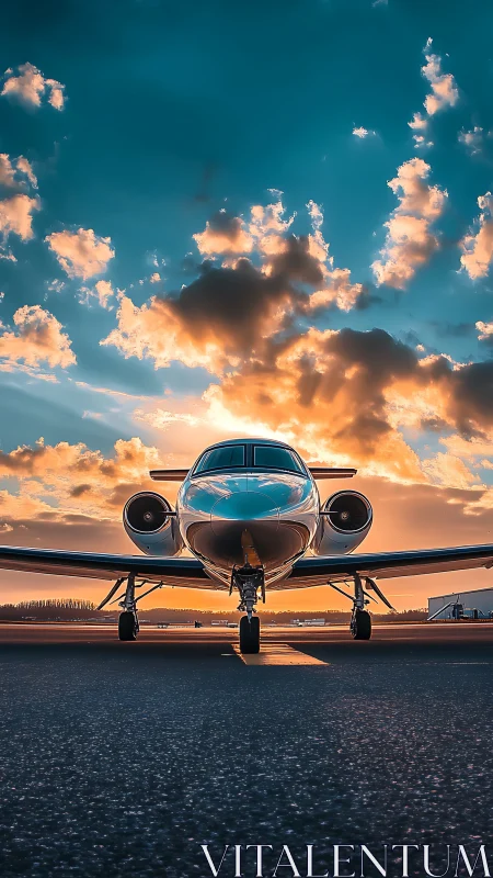 Private jet nose view under vivid sunset sky on runway.