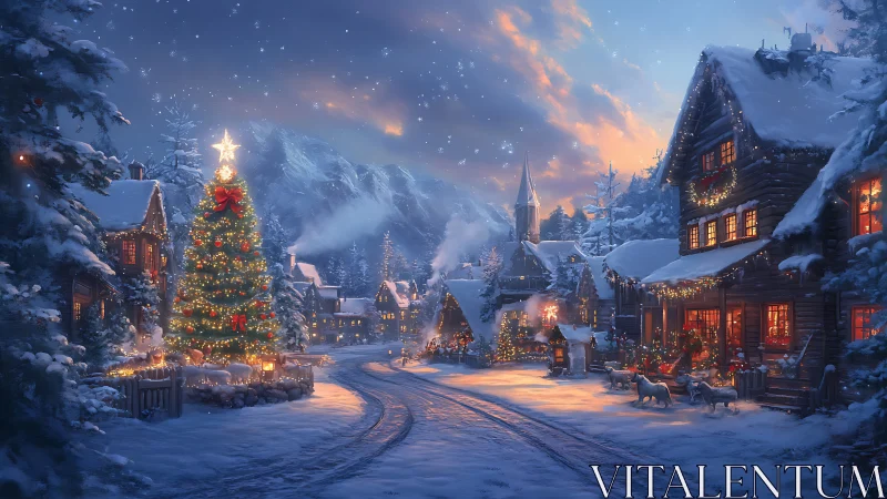 Snow-dusted village pauses as the Christmas lights breathe