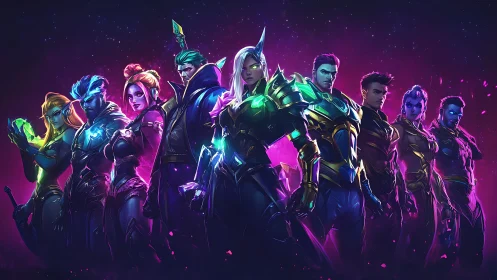 Bold cosmic heroes stand united in radiant neon armor