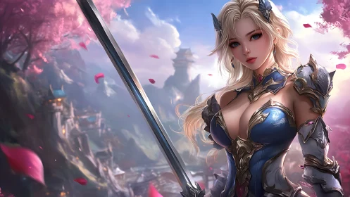 Armored blonde swordswoman amid ethereal sakura cliffs.