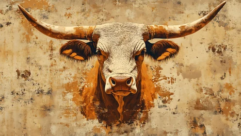 Longhorn cattle portrait on textured ochre backdrop.