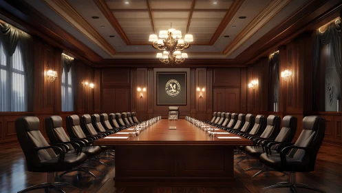 Luxurious wood paneled boardroom shows long table and chairs