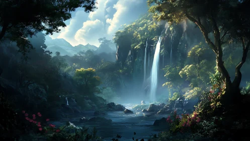 Lush forest canyon with tall waterfall and calm river.