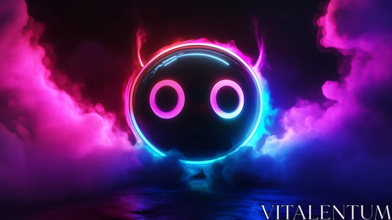 Neon emissive ring face in volumetric magenta cyan fog field.