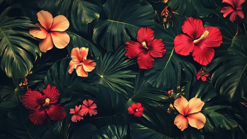Tropical Hibiscus Garden. Vibrant Florals Against Deep Emerald Foliage.