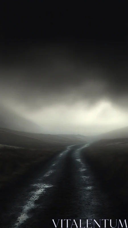 Stormlit wet country road under heavy brooding sky.