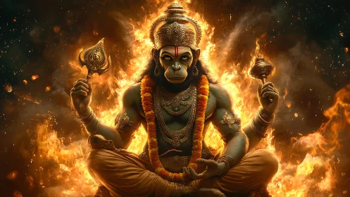 Radiant monkey deity seated in a ring of sacred fire.