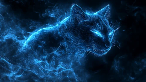 Ethereal Blue Cat Surrounded by Glowing Electric Smoke.