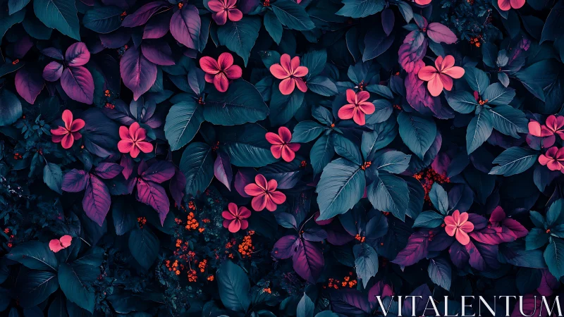 Neon Blooms Against Midnight Foliage.