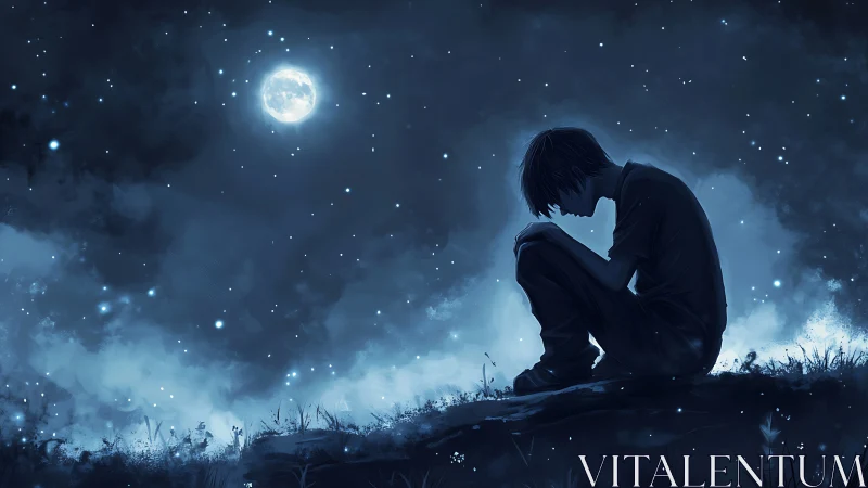 Solitary boy silhouette under luminous full moonlit sky