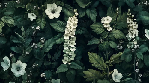 White Blooms and Foliage Composition Against Dark Botanical Background.