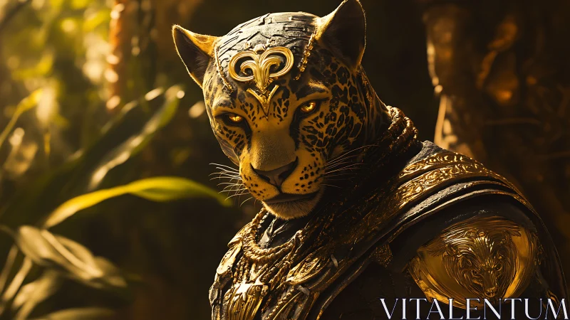 Armored jaguar warrior in gold filigree plating under warm jungle light