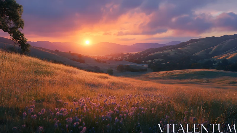 Sunlit valley hills glow under a dramatic pastel sunset.