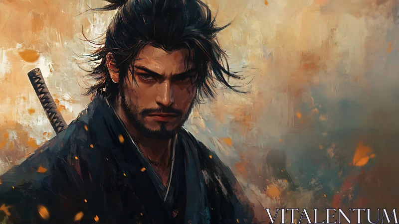 Stoic samurai portrait rendered in dynamic digital brushwork