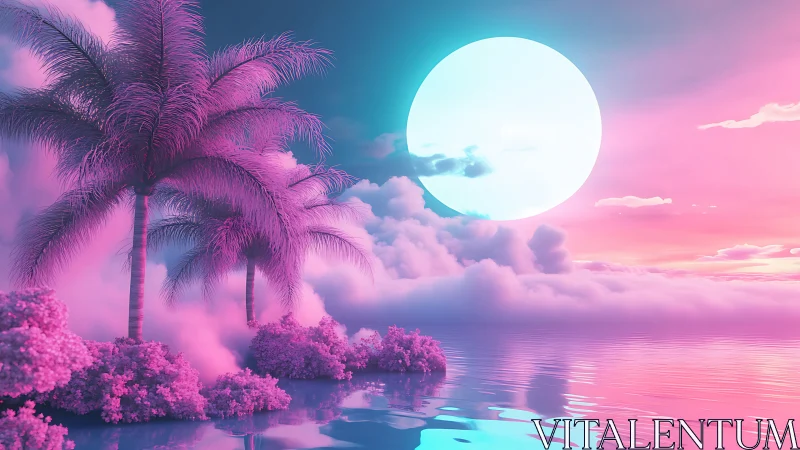 Surreal Tropical Moonrise Over Pink Lagoon.