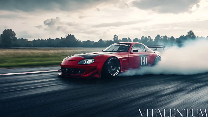 Scarlet drift missile carves thunderclouds across wet tarmac