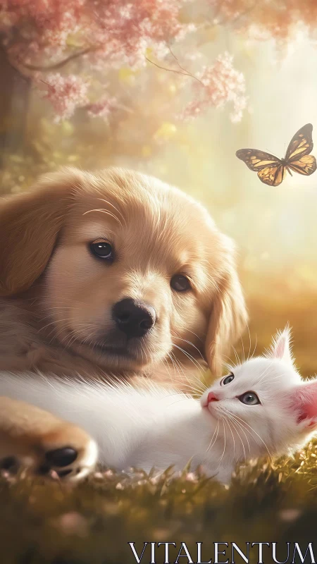Golden Retriever and White Cat Share Tender Moment in Blossoming Garden