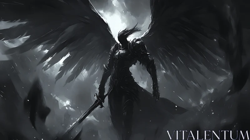 Midnight war angel rises with storm-born obsidian wings.