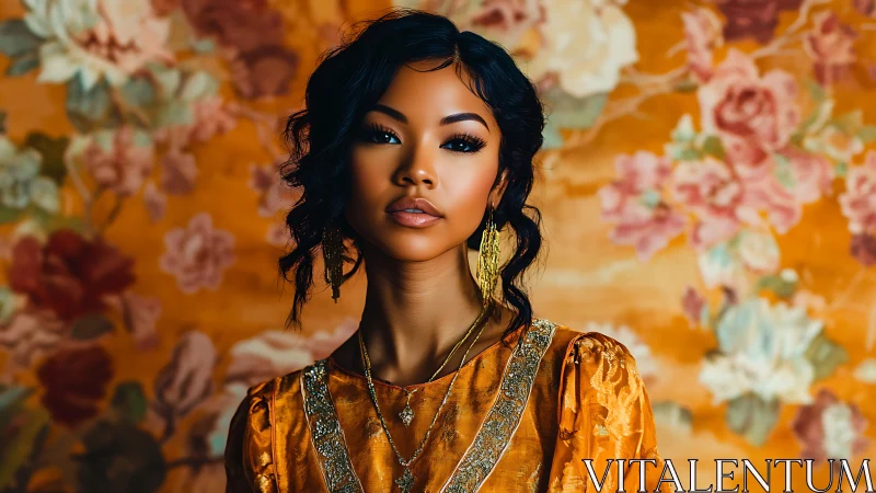 High-saturation portrait unifying orange textiles and floral bokeh background