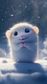 Fluffy winter hamster gazes upward in softly falling snow