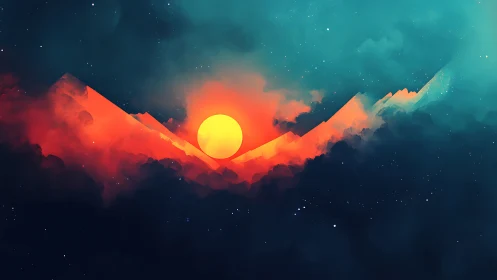 Surreal sun rising over neon mountains in cosmic fog.