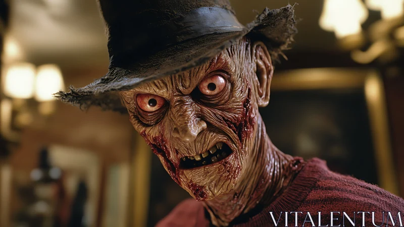 Grotesque humanoid horror figure with hat in interior setting.