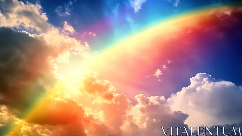 Curved rainbow spans a bright sunlit clouded sky scene