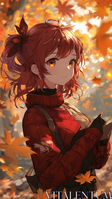 Autumn-haired girl in falling maple leaves smiles softly.