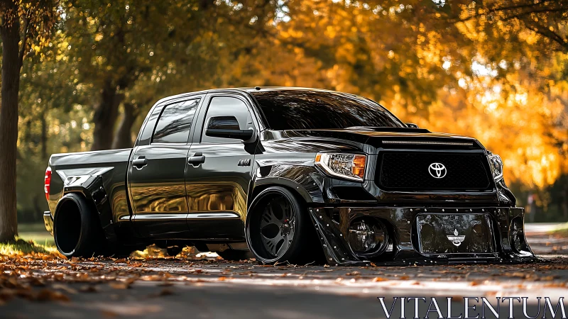 Photorealistic slammed Toyota truck in autumn park setting.