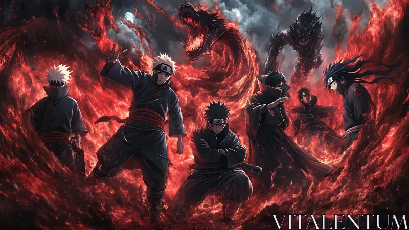 Dark ninja circle command swirling demonic fire vortex.