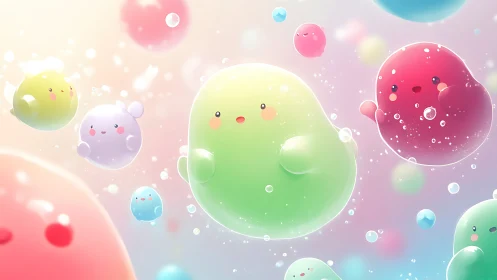 Bubbly pastel jelly creatures drift through a dreamy sunrise sky.