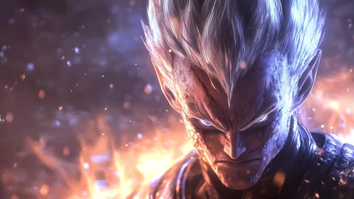 Intense silver haired warrior surrounded by rising flames.