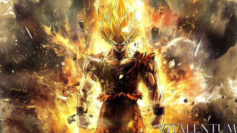 Explosive golden-haired warrior amid incandescent energy blast