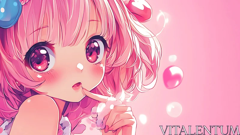 Candy pink anime girl with glossy eyes and pastel bubbles.