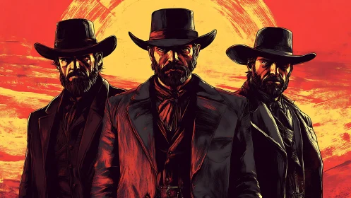 Three armed cowboys stand under a stylized red sunset