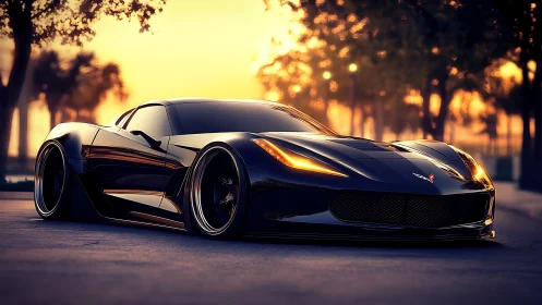Sunset kissed sports car rests low and sleek on the street