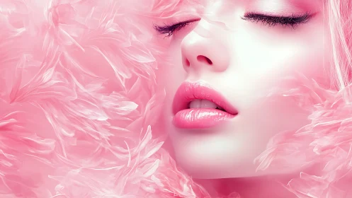 Close-up digital portrait of pink lips and feathers.