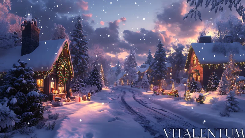 Snow-covered village street shows lit Christmas cottages at dusk