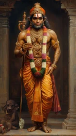 Mythic warrior deity in draped saffron regalia and ornaments.