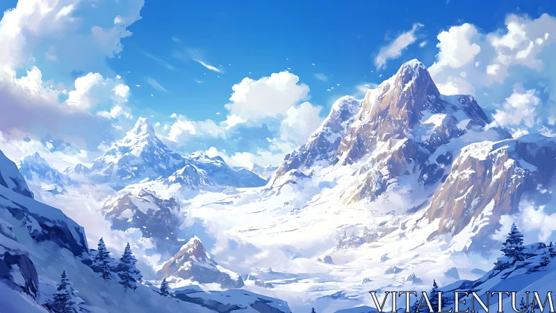 Snow covered mountain range under bright blue sky