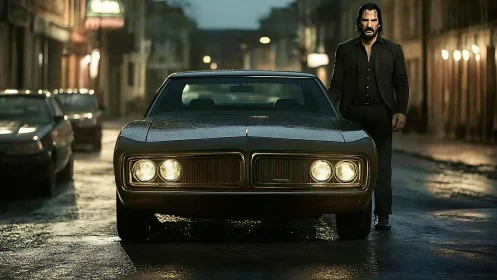 Cinematic night portrait of muscle car and lone figure on street.