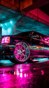 Neon-lit luxury sedan underpass scene emphasizes chrome reflections