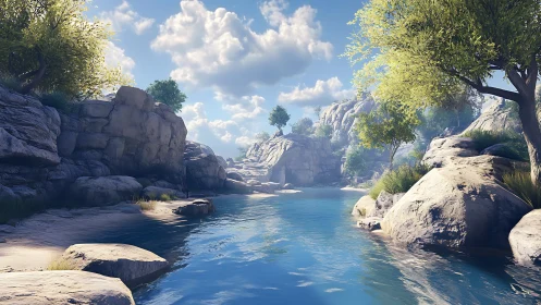 Rocky river canyon with clear water under bright sky.