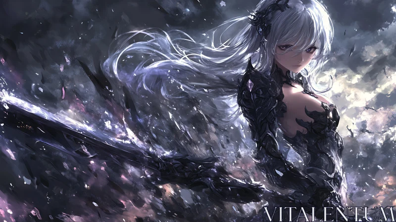 Armored silver haired swordswoman amid dynamic particle storm