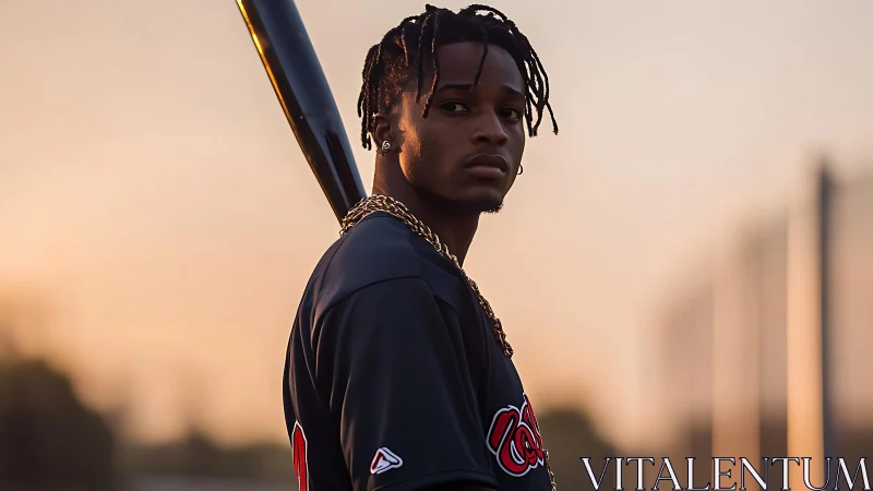 Sunset-ready baseball player stands calm with bat in hand