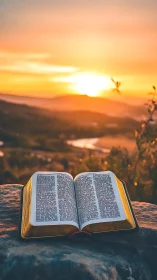 Open book on rock is positioned before low sun at horizon