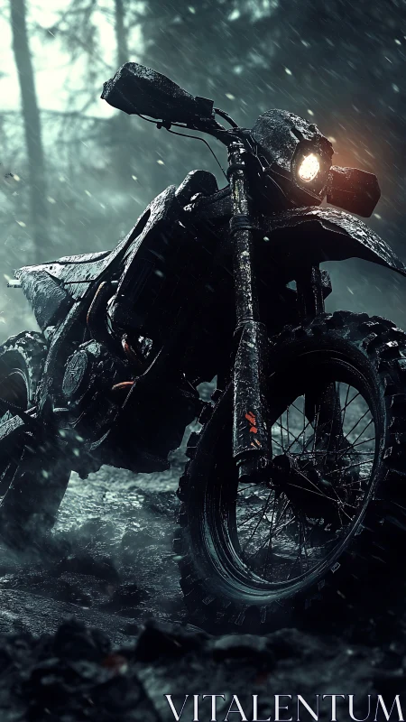 Mud-splattered enduro motorcycle cuts through dark forest storm